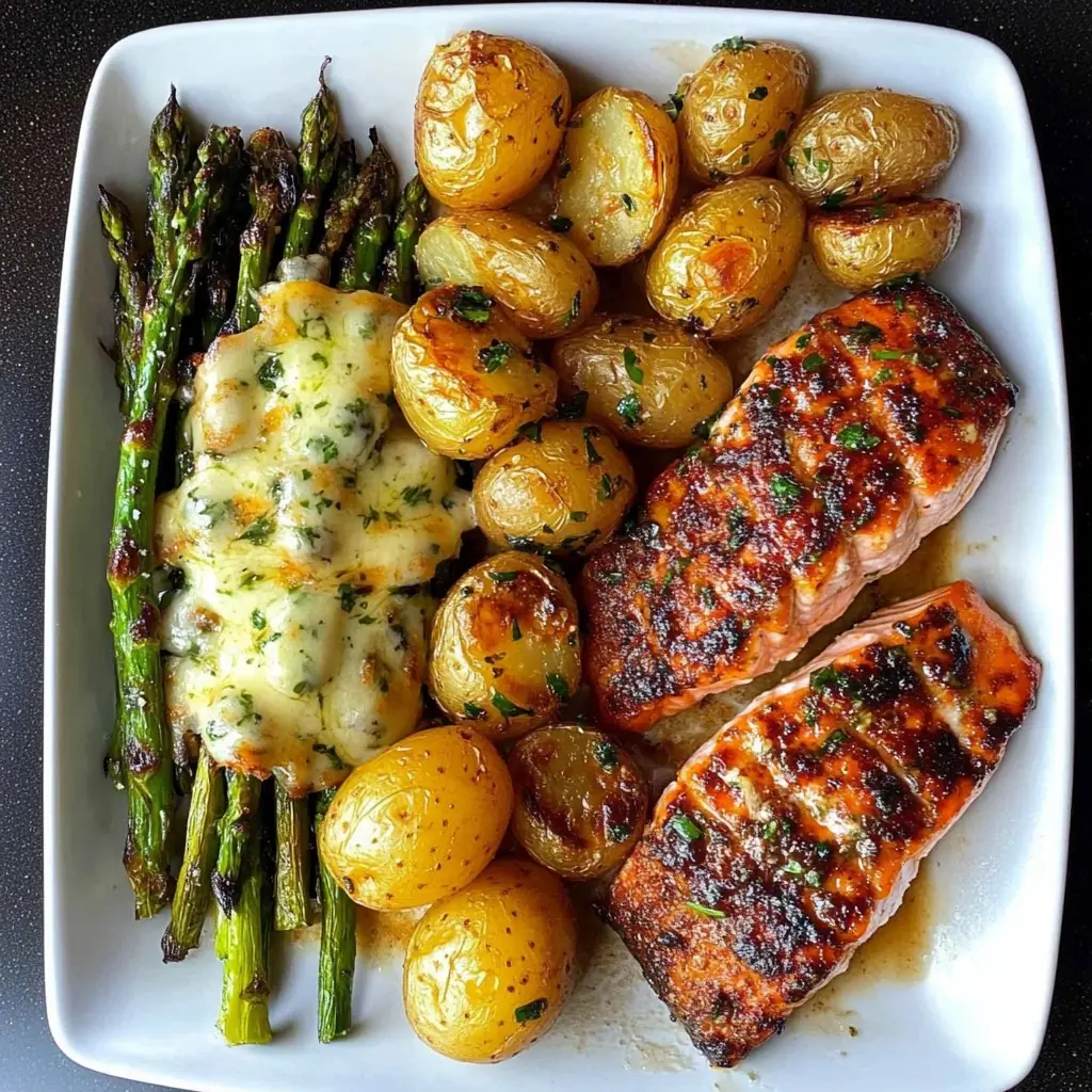 Spiced Salmon with Cheesy Asparagus & Garlic Herb Potatoes 🐟🥔🧀