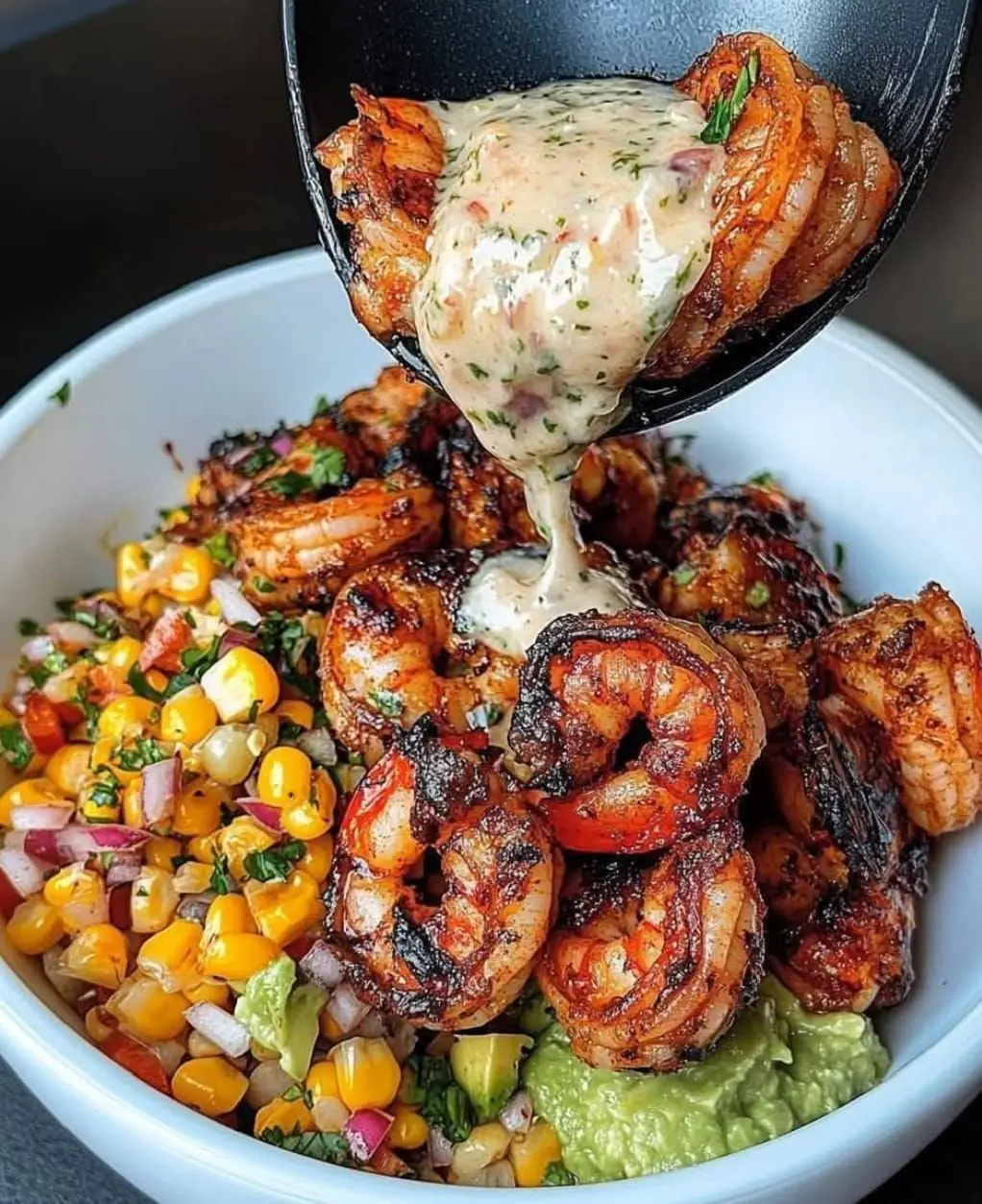 Yummy Grilled Shrimp Bowl with Avocado Corn Salsa & Creamy Sauce