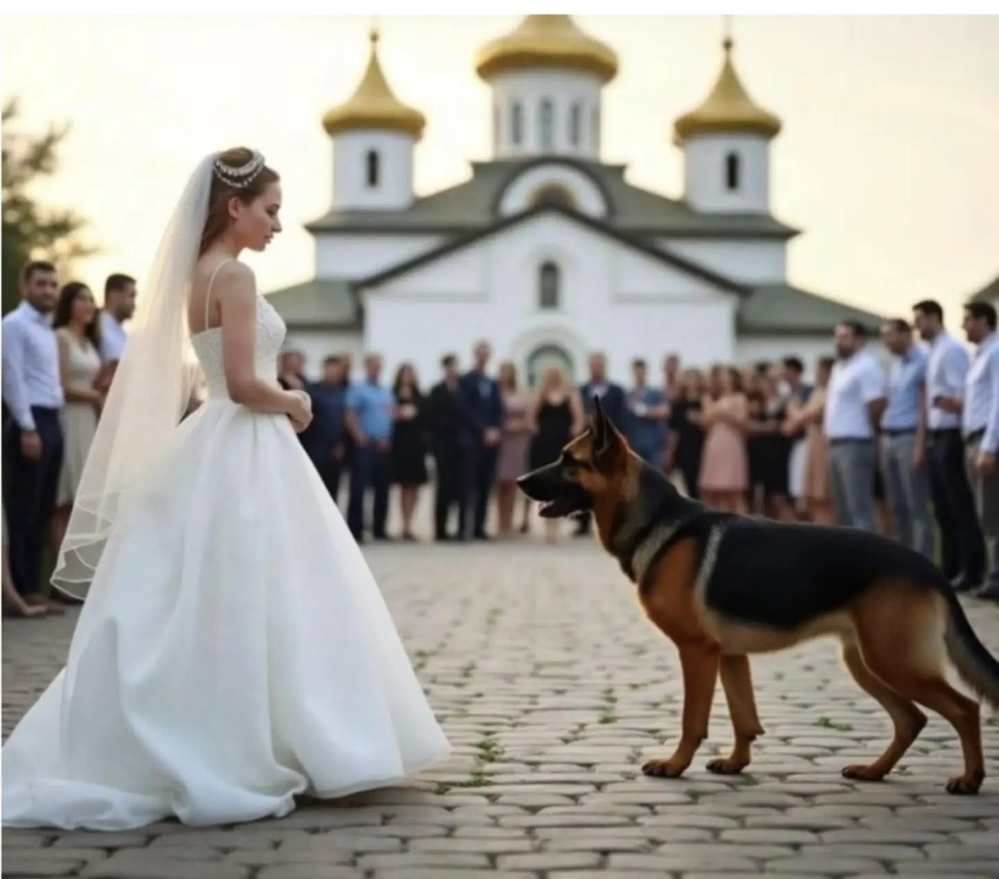 At the wedding, the brideâs dog stood in the way.