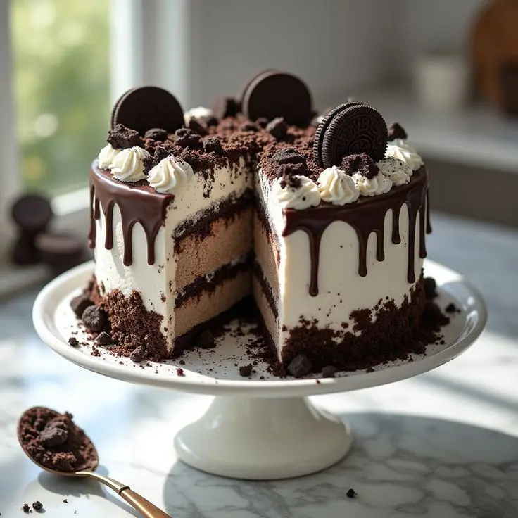 🍫 Chocolate-Oreo Layer Cake with Vanilla Cream and Ganache Drip