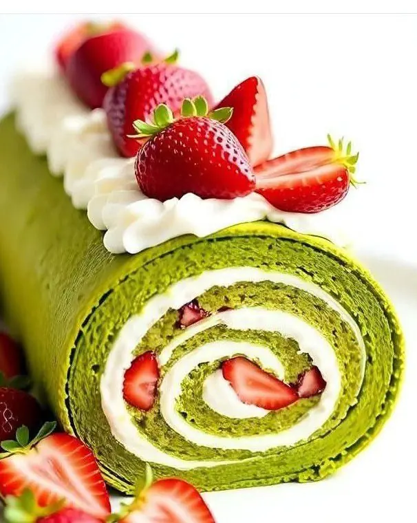ππ Matcha Swiss Roll with Whipped Cream and Strawberries ππ