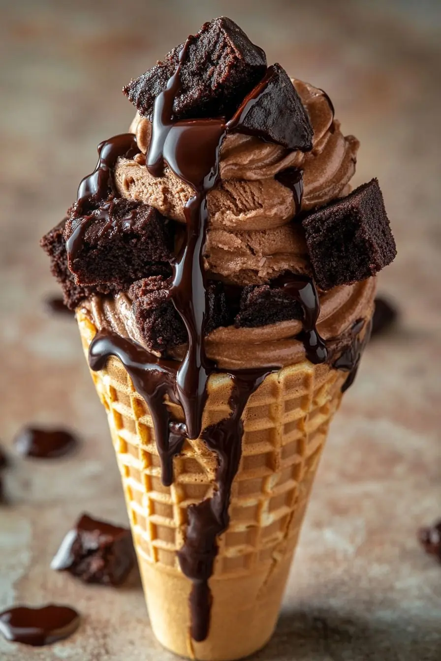 Chocolate Ice Cream Cone with Brownie Chunks & Fudge Drizzle: A Decadent Dessert Dream 🍫🍦