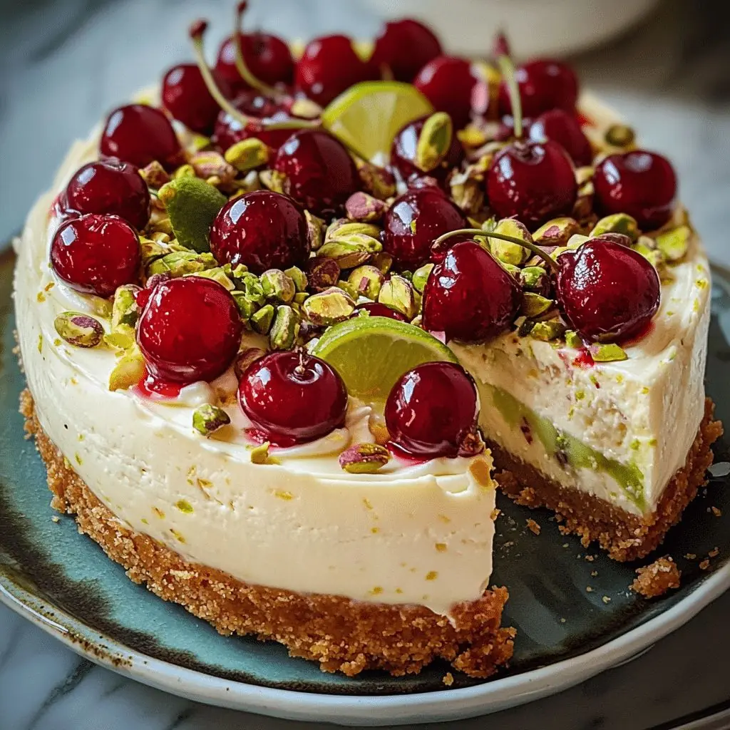🍋🍒 Zesty Lemon Lime Cherry Pistachio Cheesecake 🌰🍰