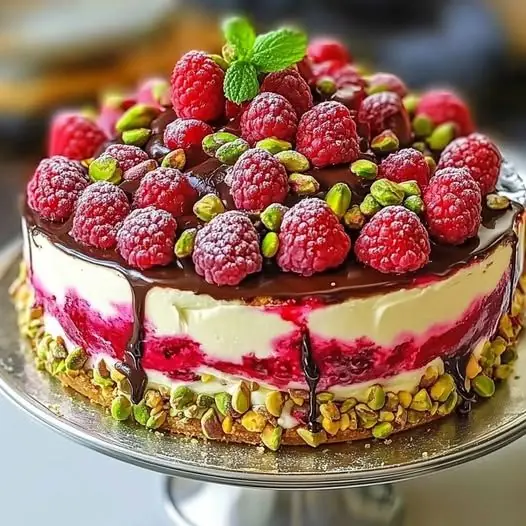 🌿 Elegant Pistachio Raspberry Crunch Cheesecake