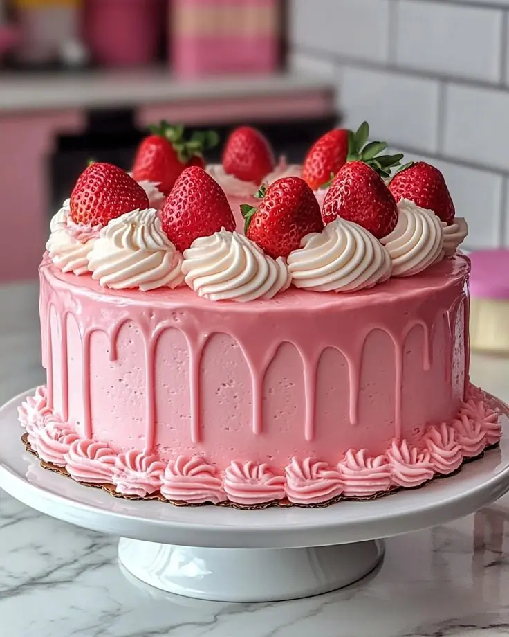 🍓 Strawberry Drip Cake Recipe
