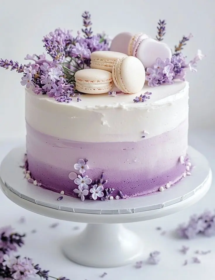 ππΈ Lavender Ombre Layer Cake with Vanilla Buttercream & Macarons