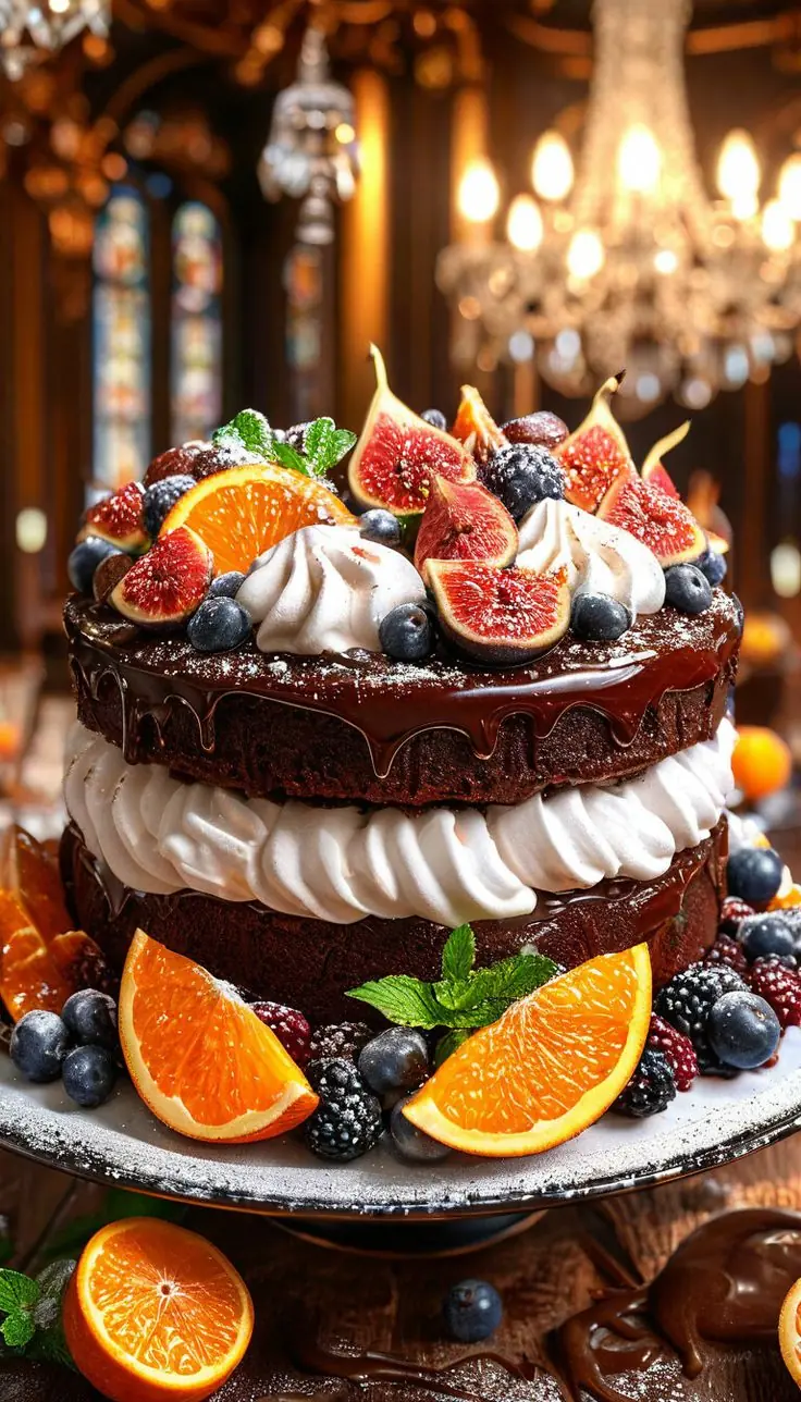 Chocolate Ganache Layer Cake with Fresh Fruit & Cream 🍫🍊🍇