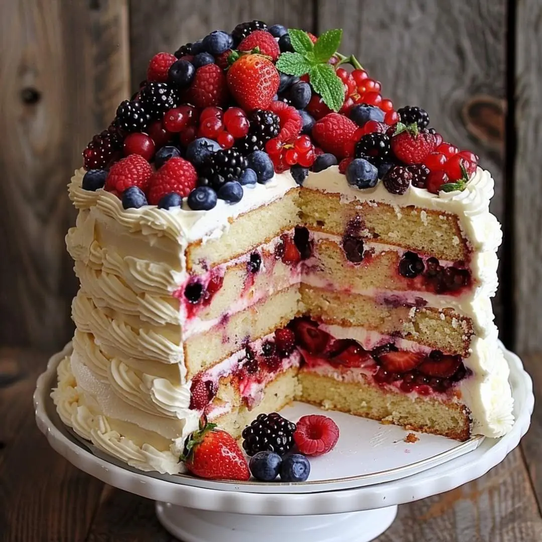 Vanilla Layer Cake with Mixed Berries and Whipped Cream Frosting: