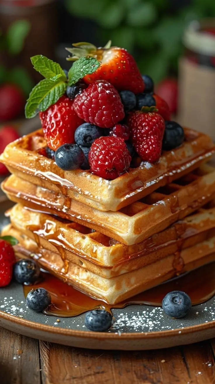 Crispy Waffles with Fresh Berries and Maple Syrup