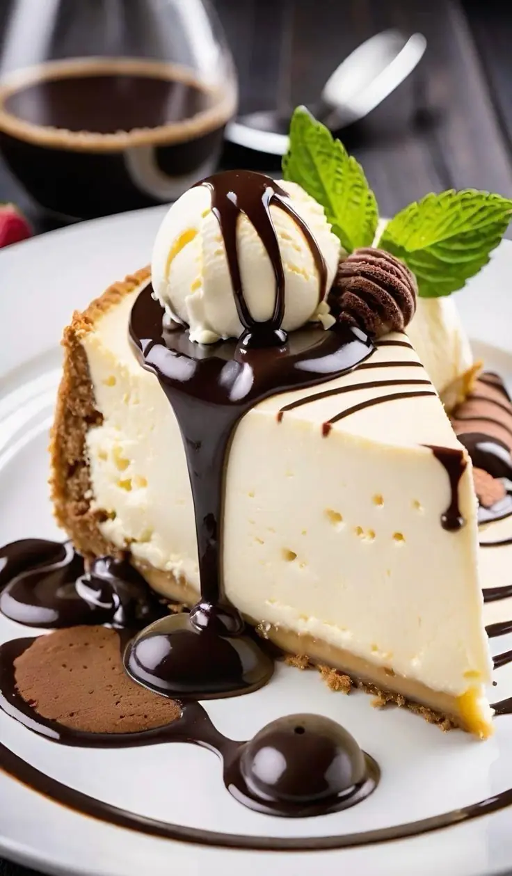 Classic Baked Cheesecake with Chocolate Sauce & Ice Cream