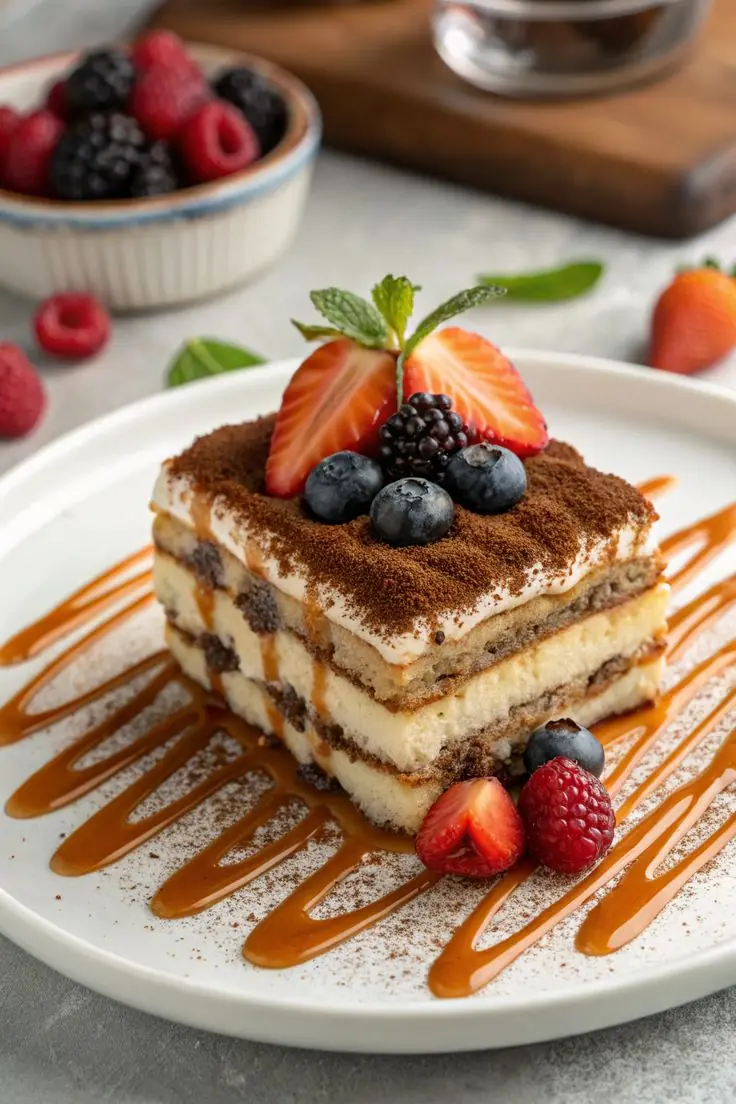 Classic Tiramisu with Fresh Berries and Caramel Drizzle