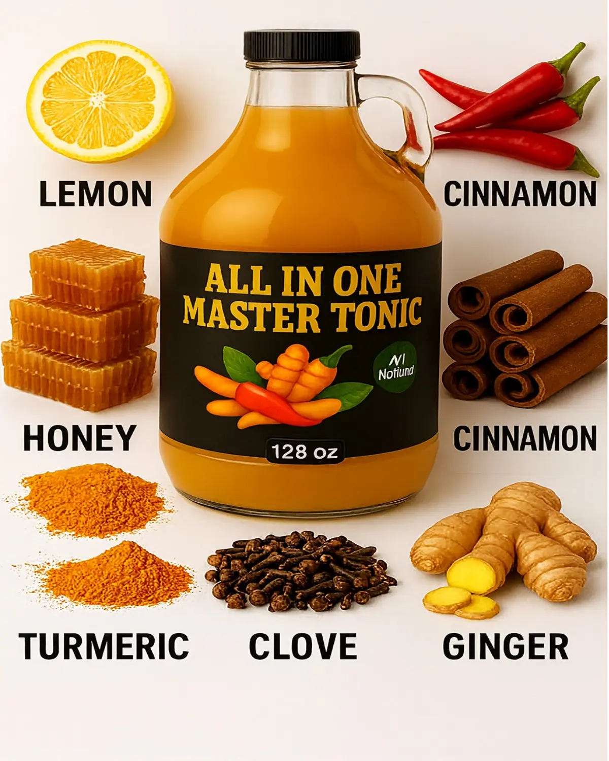 All-in-One Master Tonic Shots: Fire Cider with Apple Cider Vinegar, Cinnamon, Clove, Lemon, Ginger, Turmeric, Cayenne & Honey