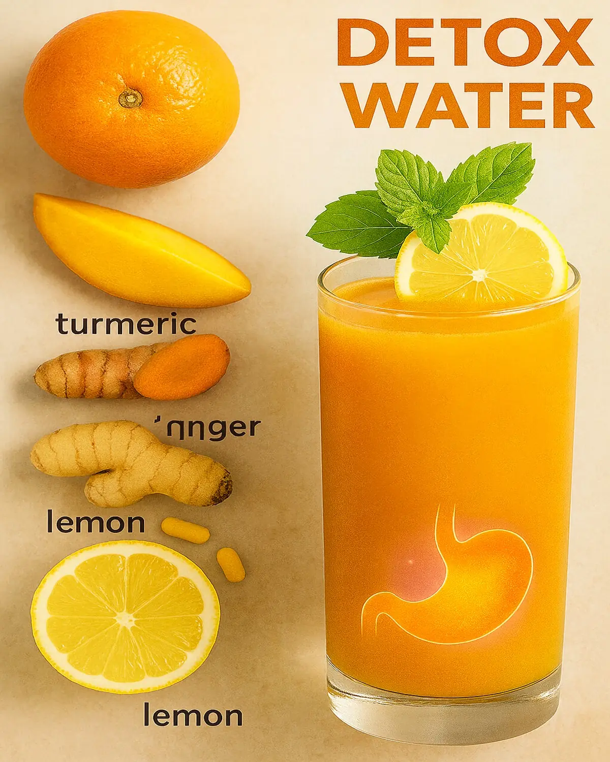 Detox Water with Orange, Turmeric, Ginger and Lemon for Digestion
